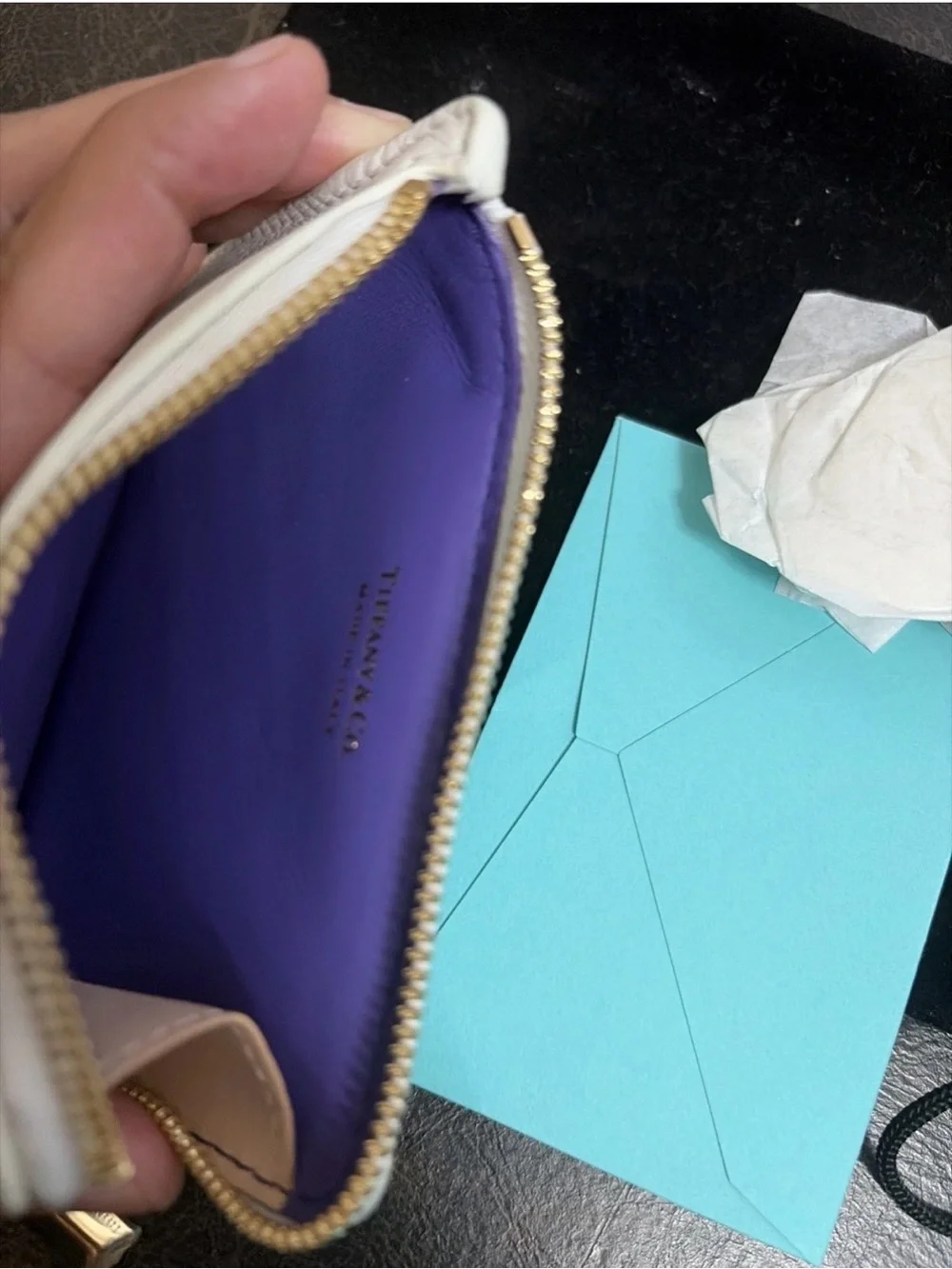 Tiffany & Co  White Leather Zip Card Case